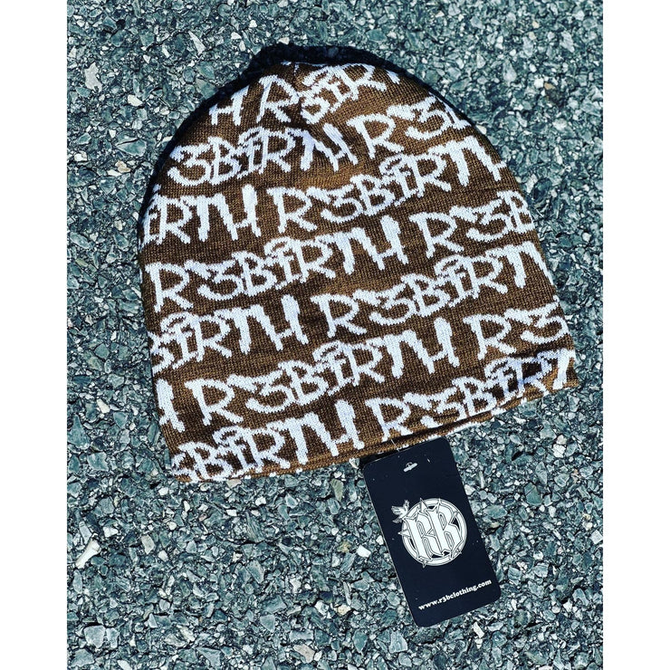 brown beanie with a design that shows the R3Birth logo all over