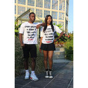 A man and a woman wearing White half sleeve tee with a design that shows "EVERY CHILD HAS A STORY TO TELL AND A PASSION TO CHASE" and R3Birth logo