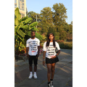 A man and a woman wearing White half sleeve tee with a design that shows "EVERY CHILD HAS A STORY TO TELL AND A PASSION TO CHASE" and R3Birth logo