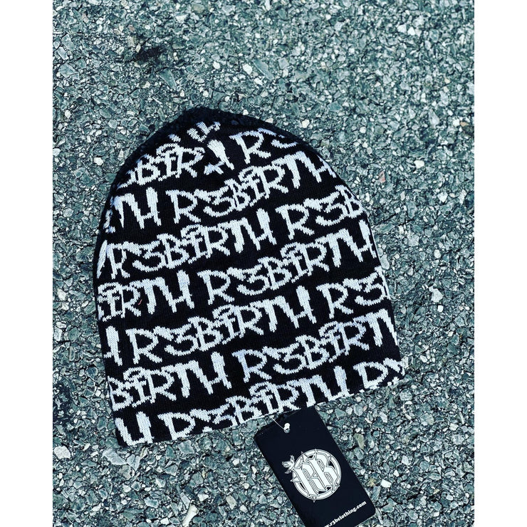 black beanie with a design that shows the R3Birth logo all over