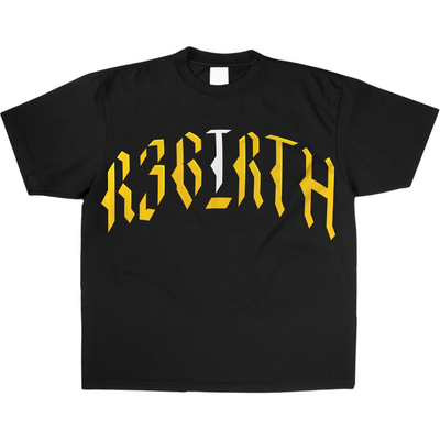 half sleeve black shirt with a design that shows "R3BIRTH"