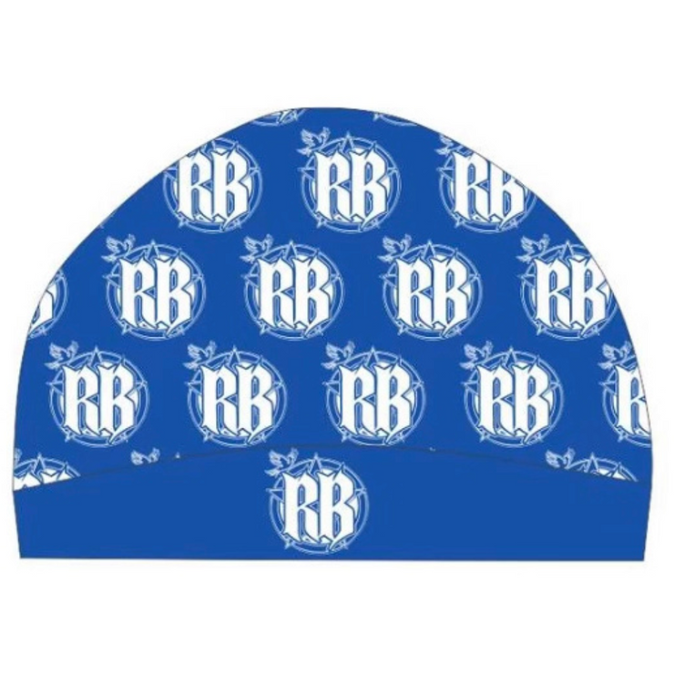 A blue skull cap with a design that shows the R3birth clothing logo