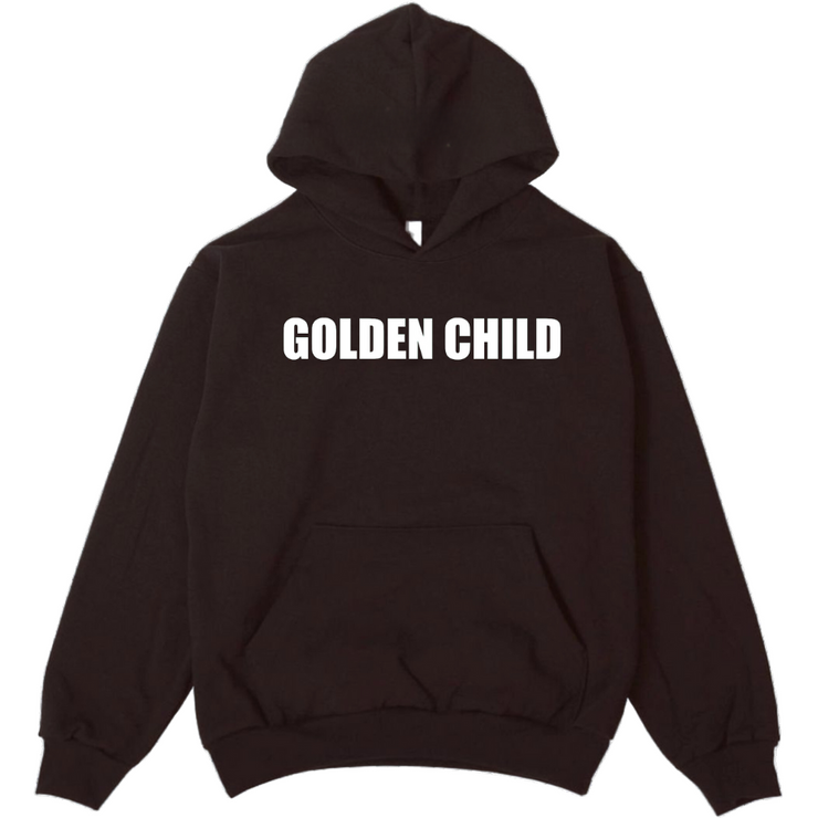 Brown hoodie with a design that shows "Golden Child" on the front