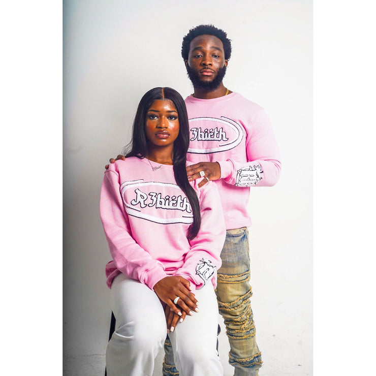 A man and a woman wearing Pink crew neck full sleeve shirt with a design that shows the R3Birth logo