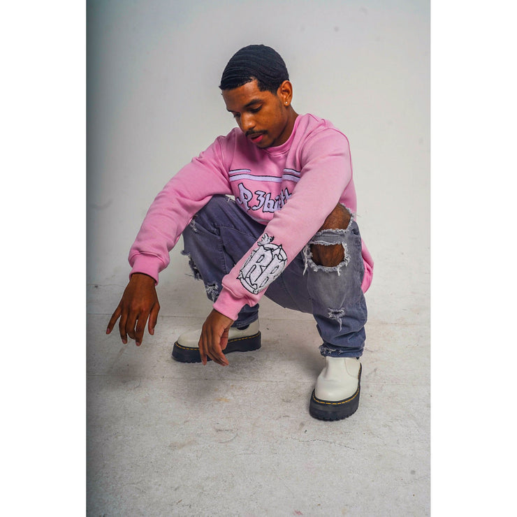 Man pink crew neck full sleeve shirt with a design that shows the R3Birth logo