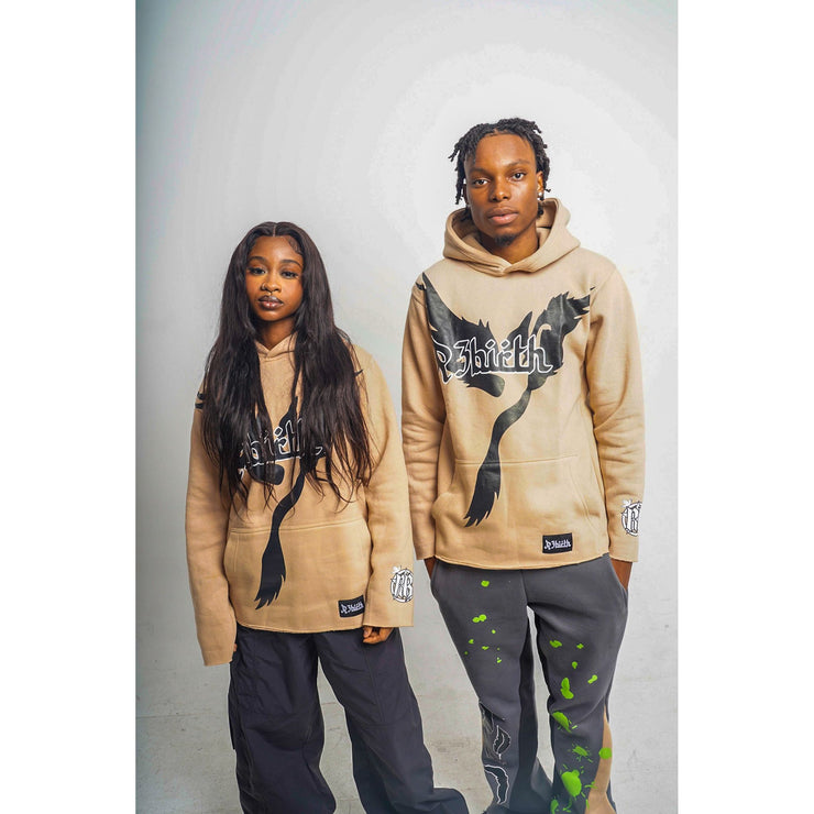 A man and a woman wearing R3Birth tan signature hoodie with a design that shows "R3Birth logo"