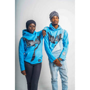 Man and a woman wearing R3Birth blue signature hoodie with a design that shows "R3Birth logo"