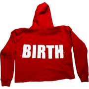 Picture of a red crop hoodie with a design that shows 'BIRTH' on back