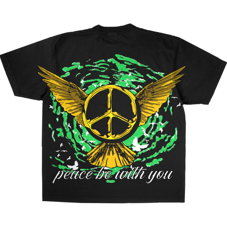 half sleeve black shirt with a design on back that shows "Peace be with you" under an image