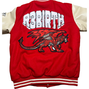 picture of a R3Birth Clothing limited edition varsity jacket with a design that shows 'R3Birth' and a picture of a dragon below