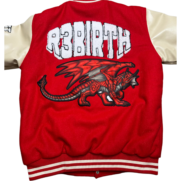 picture of a R3Birth Clothing limited edition varsity jacket with a design that shows &