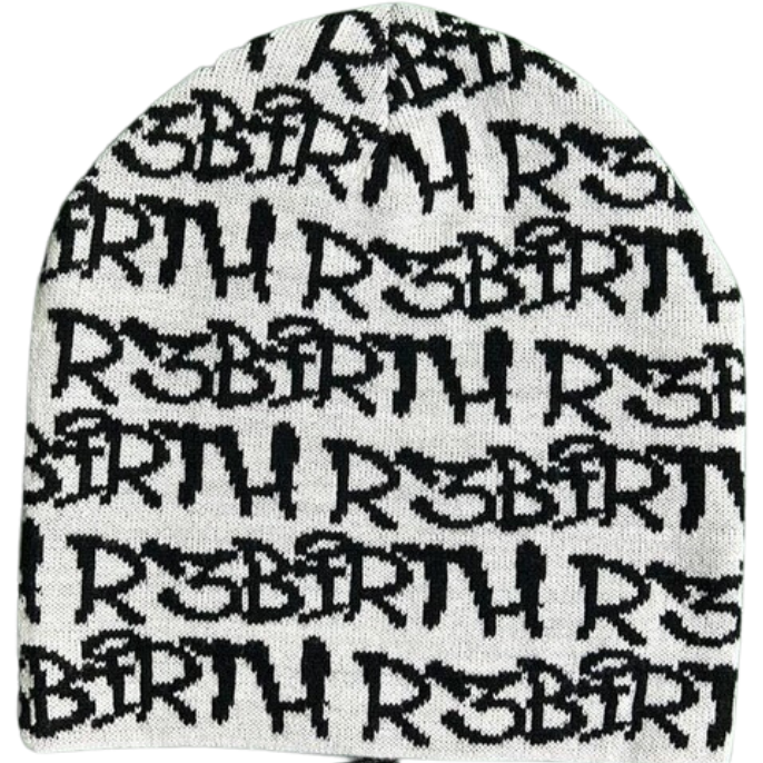 White beanie with a design that shows the R3Birth logo all over