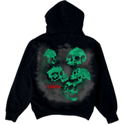 A black hoodie with a design that shows pictures of green skulls and a R3Birth logo on the back