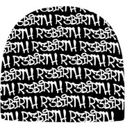 black beanie with a design that shows the R3Birth logo all over