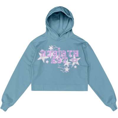 A blue hoodie with a design that shows "R3BIRTH EST '23" in a pink decorative style