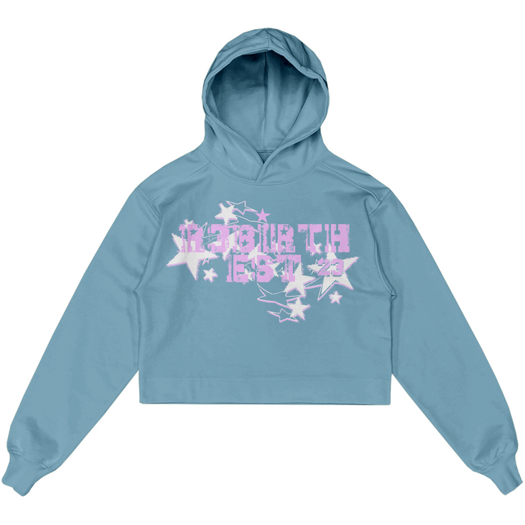A blue hoodie with a design that shows "R3BIRTH EST &