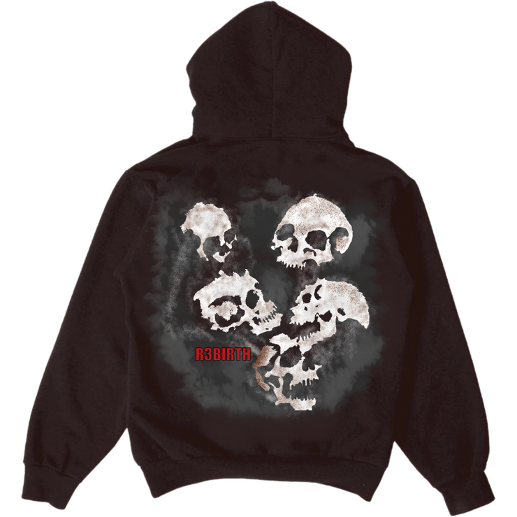 Brown hoodie with a design that shows "Skulls and R3Birth logo" on the back