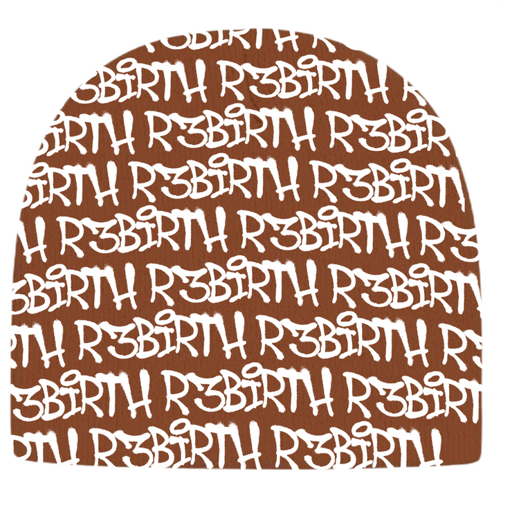 Brown beanie with a design that shows the R3Birth logo all over