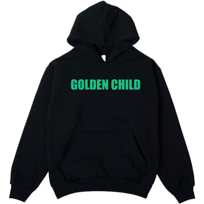 A black hoodie with a design that shows "Golden Child" written in green