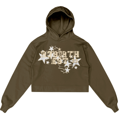 An olive green hoodie with a design that shows "R3BIRTH EST '23" in a decorative style