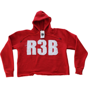 Picture of a red crop hoodie with a design that shows 'R3B'